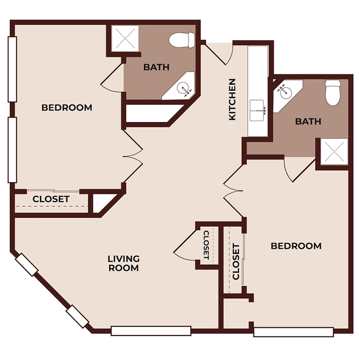 Apartment floor plan with two bedrooms, two bathrooms, a kitchen, a living room, and two closets. One bedroom and bathroom are on each side of the apartment, with shared living spaces in the center.