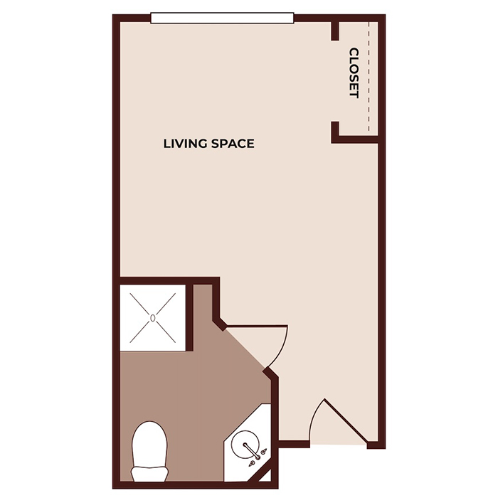 Simple floor plan of a studio apartment showing a main living space, a closet in the top right corner, and a bathroom with a toilet, sink, and shower at the bottom. The entry door is on the bottom right.