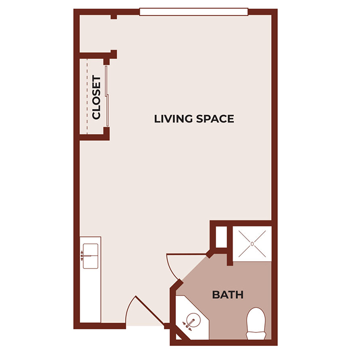 Floor plan of a studio apartment showing a main living space, a closet on one side, a separate bathroom with a toilet and shower, and a small kitchen area near the entrance.
