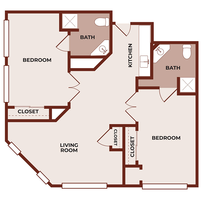 Floor plan of a two-bedroom apartment featuring a living room, kitchen, two bathrooms, two closets, and an angled outer wall with several windows. The bedrooms and bathrooms are located on opposite sides of the unit.